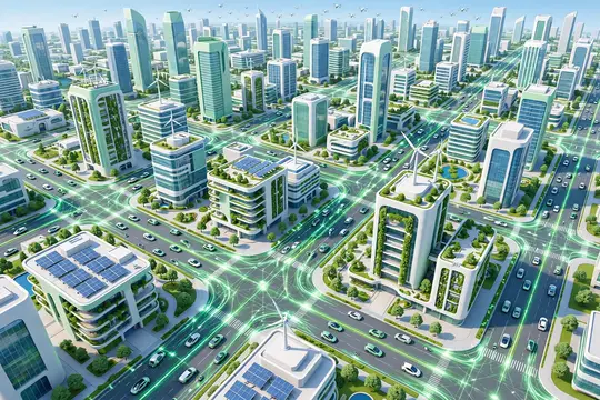 3D-рендер футуристического зелёного города с солнечными панелями и светящимися дорогами
