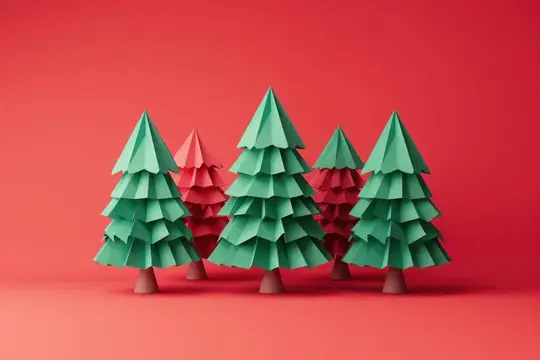 3D-рендер с бумажными ёлочками на красном фоне