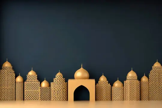 3D-рендер золотых мечетей с куполами на тёмно-синем фоне