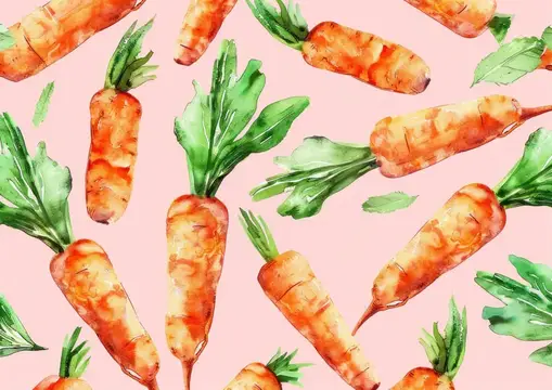 Акварельный бесшовный узор со свежей морковью на розовом фоне, идеально подходит для дизайнов на кухонную тематику