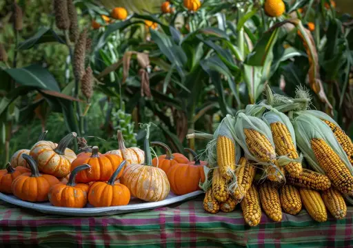 Осенняя сцена со столом, на котором выложены красочные тыквы и кукуруза в окружении пышной листвы, демонстрирующая изобилие урожая