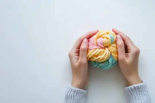 Женские руки держат разноцветный клубок пряжи на белом фоне
