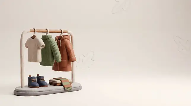 Вешалка для одежды, выполненная вручную из глины в 3D-стилистике, с пальто, свитером, рубашкой, ботинками и шарфом на минималистичном фоне со свободным пространством