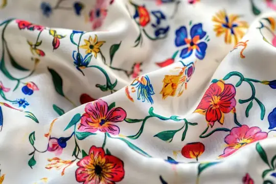 Белый шёлк с ярким цветочным узором крупным планом