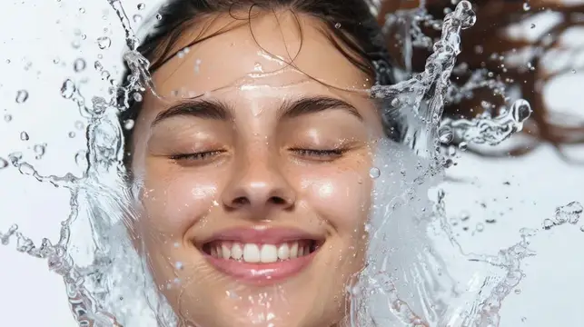 Женщина наслаждается освежающими брызгами воды на лице с закрытыми глазами и улыбкой, счастливая и расслабленная рутина ухода за лицом