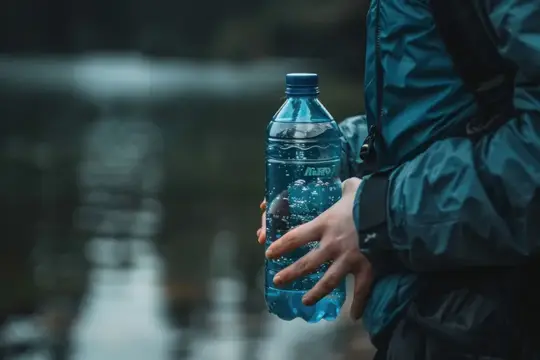 Рука в синей куртке держит пластиковую бутылку воды на улице