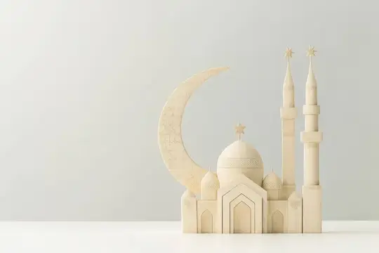3D-рендер мечети с полумесяцем в бежевых тонах