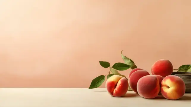 Спелые персики с листьями на светлом столе