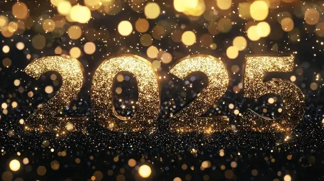 Великолепные золотые мерцающие цифры 2025 в окружении яркого фона боке, олицетворяющие праздник, надежду и радостное начало нового года