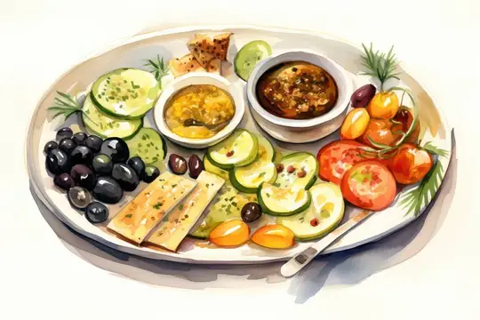 Акварельная иллюстрация овощной тарелки с соусами и оливками