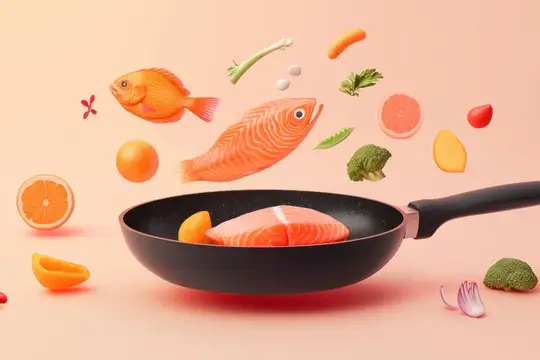 3D-рендер сковороды с лососем и летающими овощами
