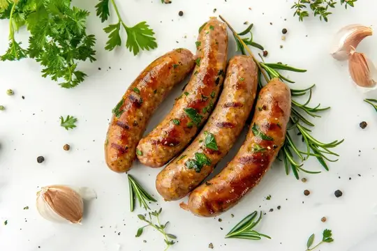 Жареные колбаски с зеленью и чесноком на светлом фоне
