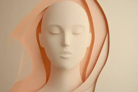 3D-рендер женского лица с закрытыми глазами в персиковых тонах