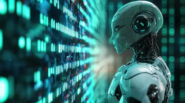 3D-рендер робота в профиль на фоне светящихся цифровых данных