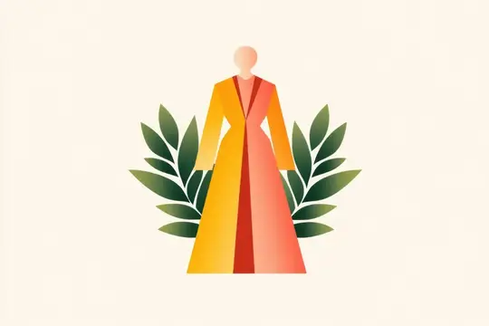 Иллюстрация женской фигуры в жёлто-красном пальто на фоне зелёных листьев