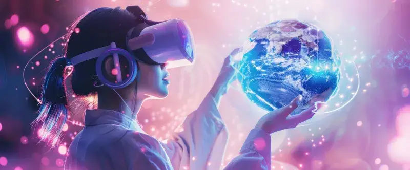Девушка в VR-очках держит светящийся глобус в неоновых лучах