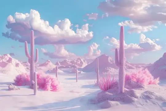 3D-рендер пустыни с кактусами и розовыми облаками