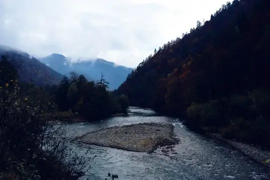 Высокие лесные горы, осенняя река, красивый пейзаж