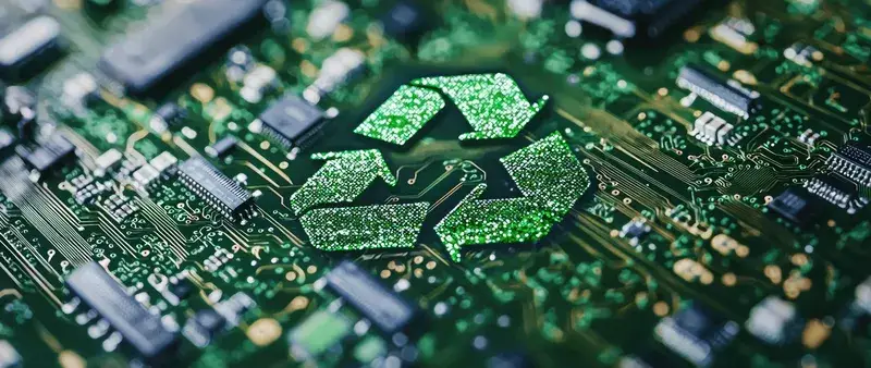 3D-рендер зелёного знака переработки на поверхности печатной платы