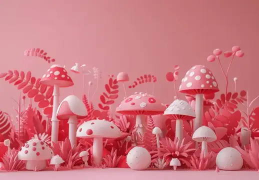3D-рендер розовой поляны с мухоморами и папоротниками