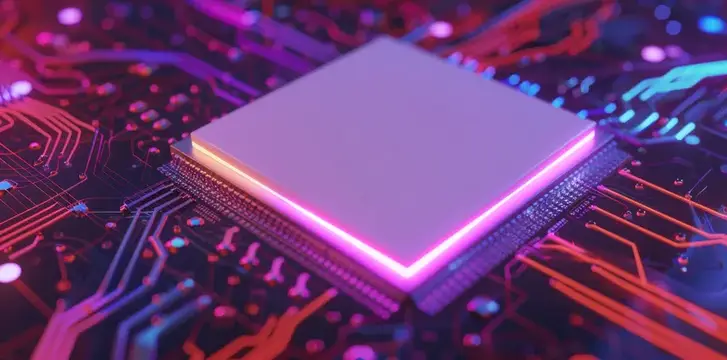 3D-рендер компьютерного процессора с неоновой подсветкой на плате