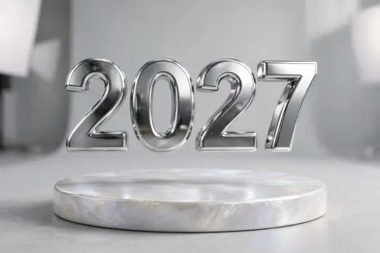 3D-рендер с хромированными цифрами 2027 над мраморным подиумом