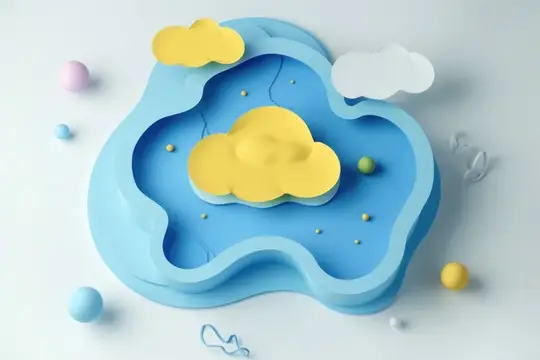 3D-рендер облаков и цветных шариков на голубом фоне