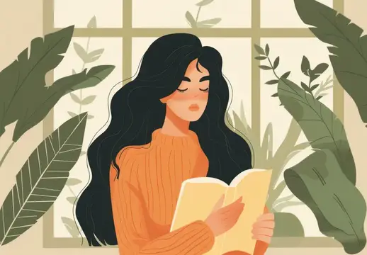 Иллюстрация с темноволосой девушкой с книгой у окна в окружении растений