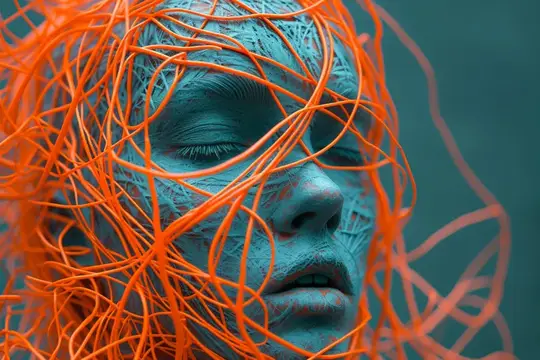 3D-рендер лица с закрытыми глазами в оранжевых нитях