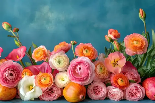 Нежные розовые и персиковые лютики с фруктами на синем фоне