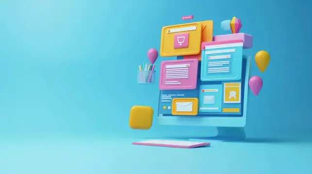 Яркая 3D-иллюстрация компьютера, наполненного красочными элементами, представляющая современный дизайн цифрового пользовательского опыта с воздушными шарами и игривыми иконками