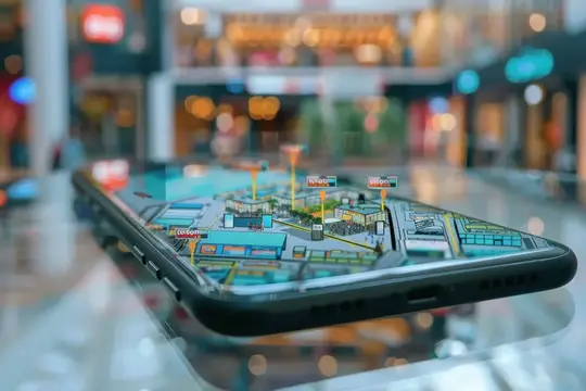 Смартфон с 3D-картой торгового центра на экране
