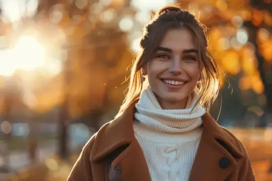 Улыбающаяся девушка в пальто и свитере осенью на закате