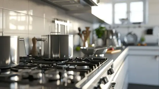 Уютная кухня с кухонной утварью на плите и кофейником на столешнице