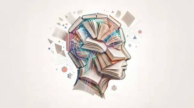 Абстрактный профиль, составленный из книг и нейронных линий, символизирующий чтение, обучение и интеллект в яркой многоцветной композиции
