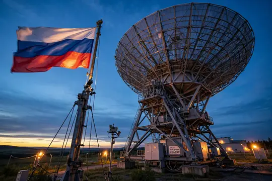 Российский флаг и большая антенна на фоне вечернего неба