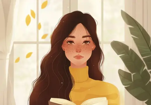 Иллюстрация девушки с веснушками с книгой у окна осенью