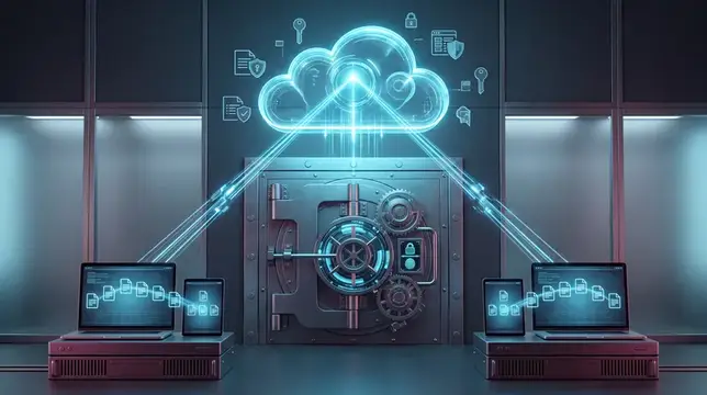 3D-рендер облачного хранилища с сейфом и ноутбуками