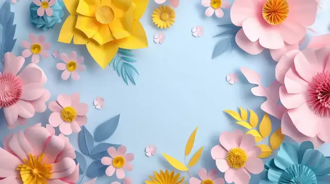 Объемные бумажные цветы на голубом фоне