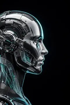 3D-рендер профиля робота с металлическим лицом на чёрном фоне
