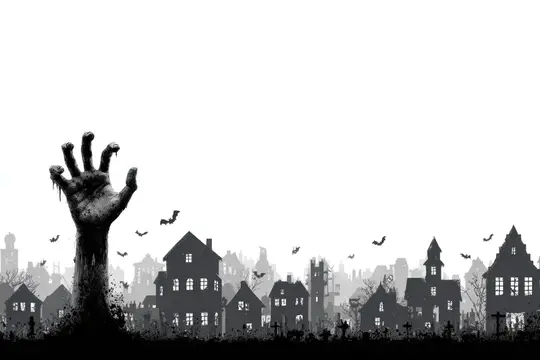 Иллюстрация с жуткой рукой зомби и силуэтами домов на Хэллоуин