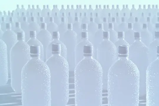 3D-рендер множества белых пластиковых бутылок с каплями воды