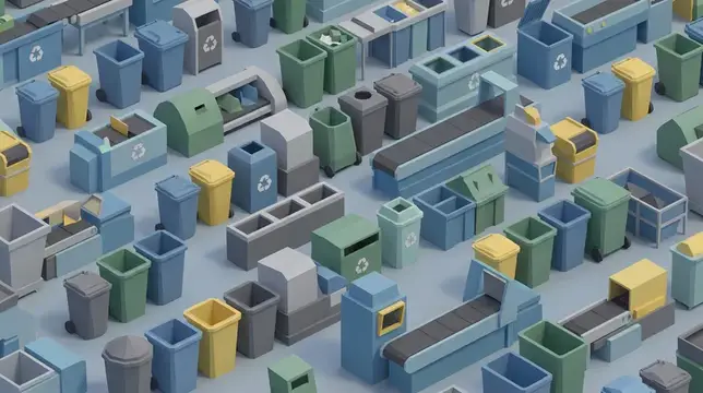 3D-рендер с множеством разноцветных контейнеров для сортировки мусора