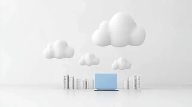 3D-рендер с ноутбуком, книгами и облаками в белом пространстве