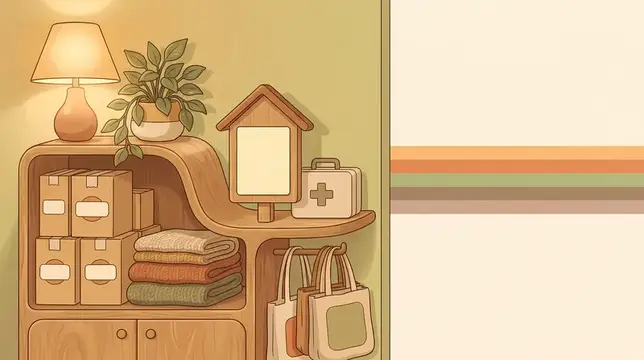 Ретро-иллюстрация стеллажа социальных служб с коробками с едой, одеялами, аптечкой, сумками и теплым свободным пространством