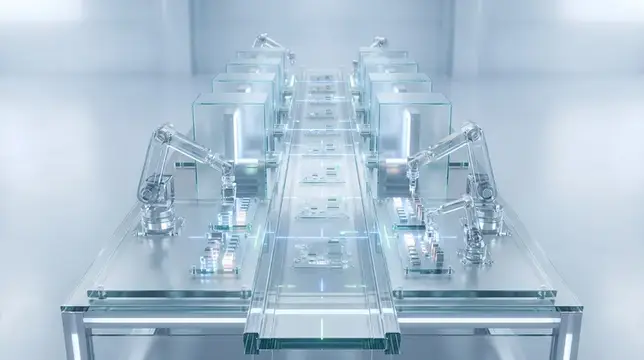 Прозрачная 3D-сцена производства электроники: видны печатные платы, стеклянные конвейеры и модули контроля