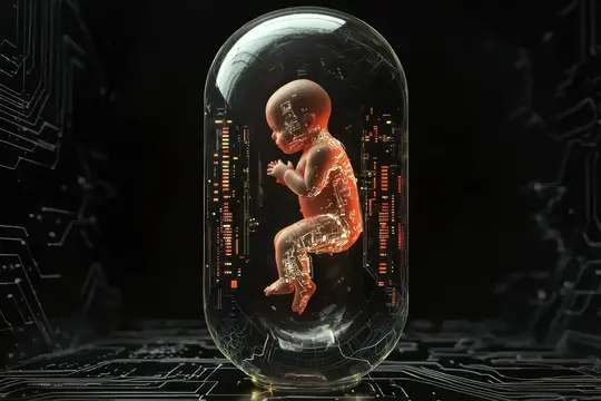 3D-рендер светящегося плода в стеклянной капсуле на фоне микросхем