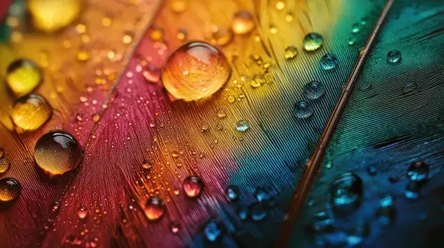 Радужное перо с каплями воды крупным планом