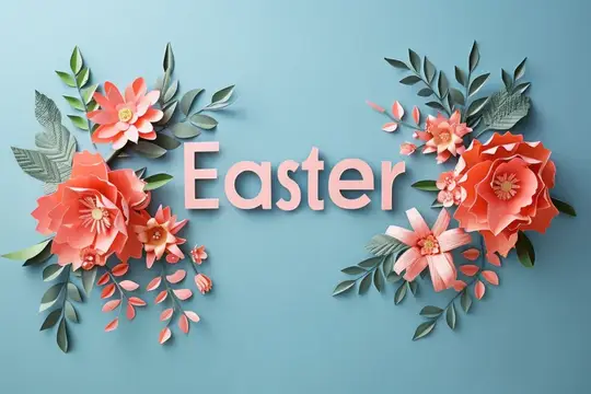 Объемная надпись Easter в обрамлении розовых бумажных цветов на голубом фоне