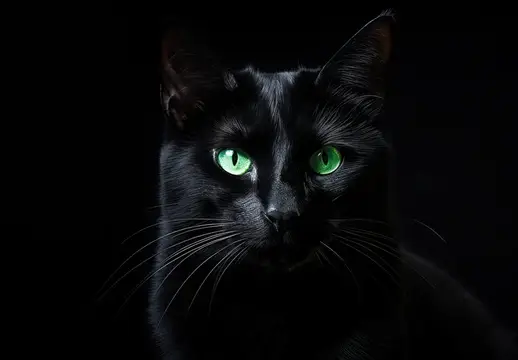 Ночной портрет кошки: крупный план морды с пушистой шерстью, выразительными глазами и настороженным взглядом